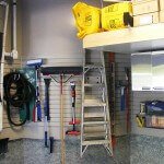 1.5 car garage, etobicoke - overhead platform storage, garage cabinets, slatwall organization system, camlock camlok hooks, polyaspartic floor, cement block coating - after