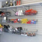 slatwall organization system, wire baskets, shelves, open garage storage