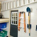 garden long handle tools storage - ladder, lawn mower, hose, plant clipper, slatwall, lockable hooks, custom platform, basket